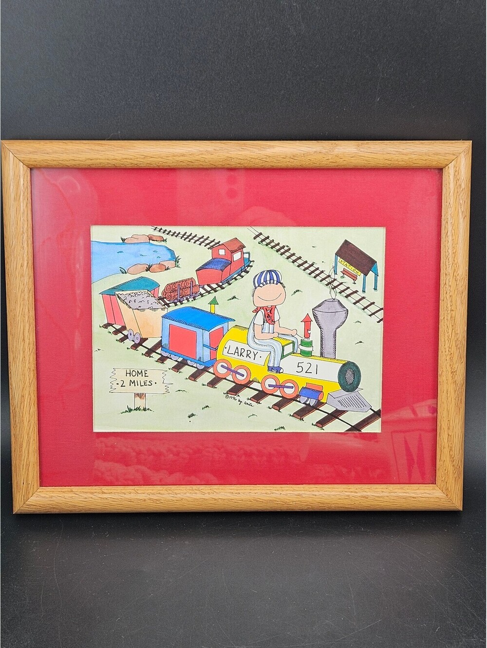 1996 "Larry" Cartoon Train Art Custom Framed 90s Kids Nursery Illustration 11x9